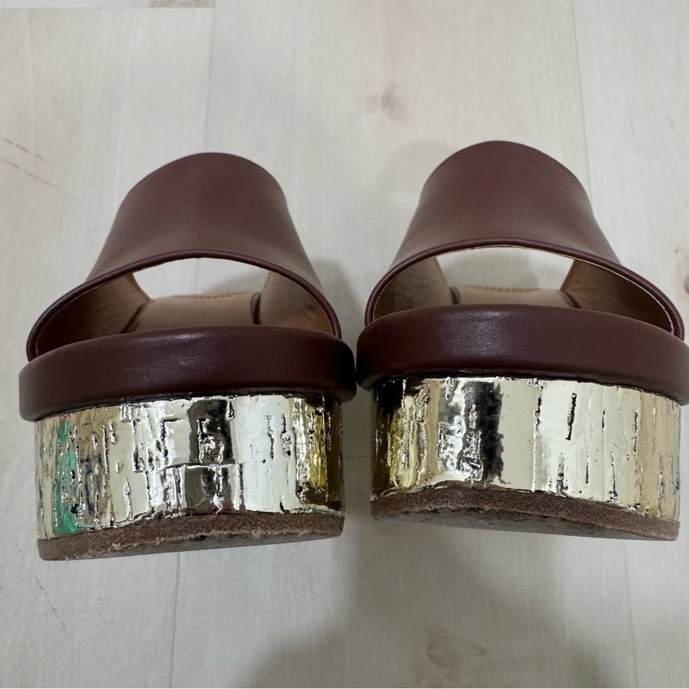 Chloe Oil Leather Cork Platform Mule Sandals Women's 36 = US 6 Brown Gold Italy - Picture 14 of 16